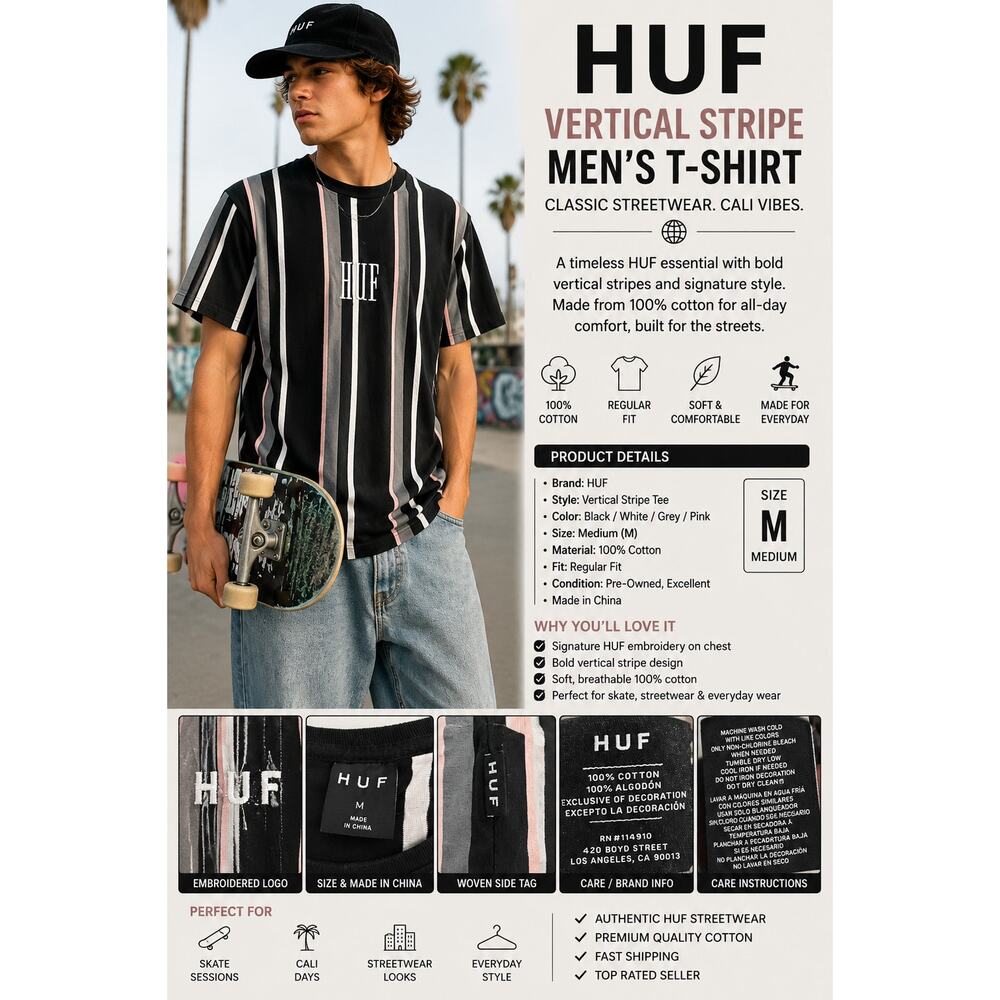 HUF Vertical Stripe Tee Shirt Mens Medium Black Pink Gray Skate Streetwear
